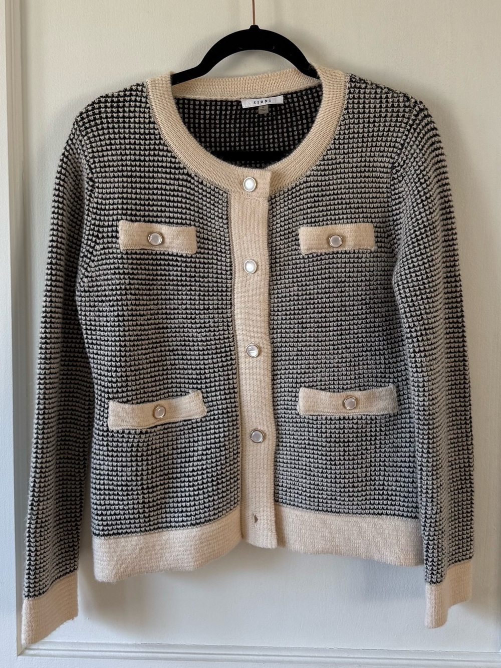 Black and Cream Textured Knit Cardigan with Pearl Buttons
